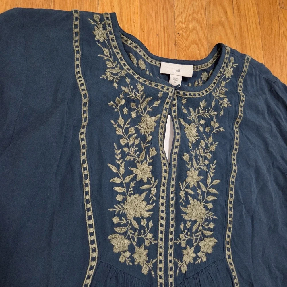 J‎ Jill Embroidered Floral Accent Long Sleeve Tunic Dark Teal Peacock - Picture 3 of 13